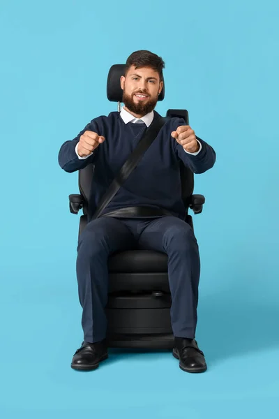 Handsome Man Imaginary Steering Wheel Car Seat Blue Background — Stock Photo, Image