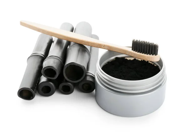 Jar Activated Charcoal Tooth Powder Bamboo Sticks Brush White Background — Stock Photo, Image