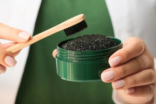 Woman Holding Jar Activated Charcoal Tooth Powder Brush Closeup — Stock Photo, Image