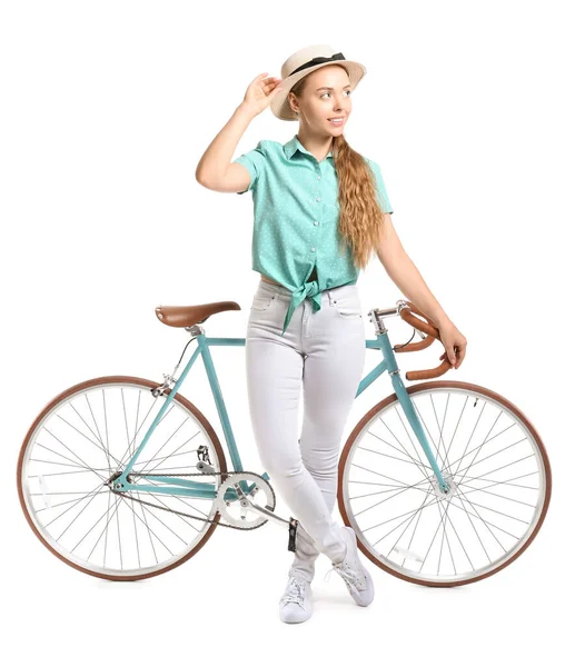 Menina Bonita Adolescente Chapéu Com Bicicleta Fundo Branco — Fotografia de Stock