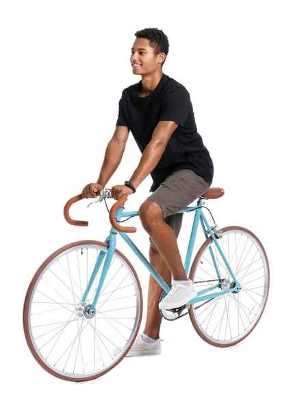 Adolescente Afroamericano Montando Bicicleta Sobre Fondo Blanco — Foto de Stock
