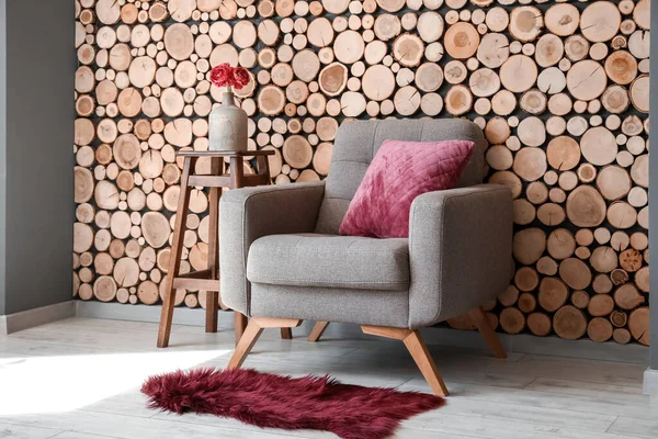 Grey Armchair Vase Flowers Stool Wooden Wall — Stock Photo, Image