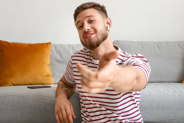 Handsome Young Man Earphones Video Chatting Home — Stock Photo, Image