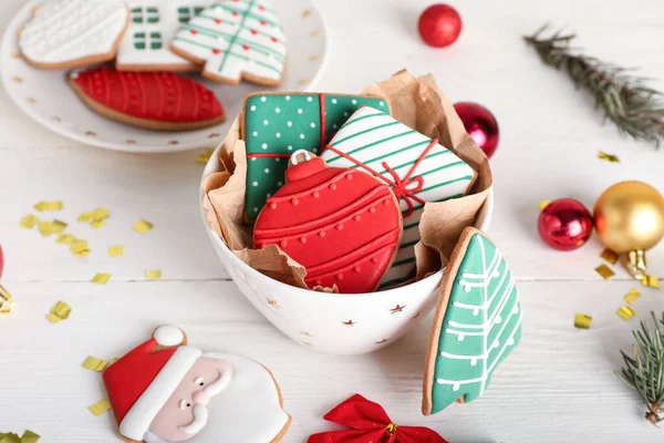 Bowl Beautiful Christmas Cookies Light Wooden Background — Stock Photo, Image