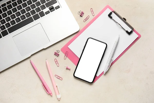Modern Laptop Mobile Phone Stationery Supplies Light Background — Stock Photo, Image