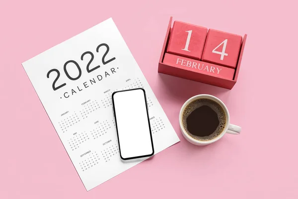 Calendario Carta 2022 Anno Calendario Cubo Con Data Febbraio Telefono — Foto Stock
