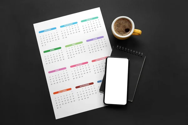 Mobile Phone Notebook Paper Calendar 2022 Year Cup Coffee Dark — Stock Photo, Image