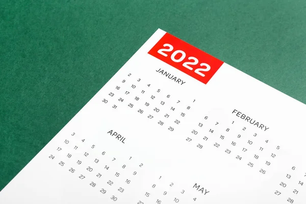 Calendar Clasic Hârtie 2022 Fundal Verde Closeup — Fotografie, imagine de stoc
