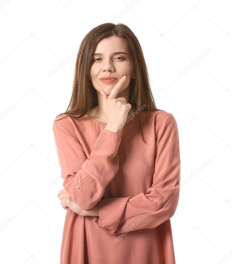 Young cunning woman on white background