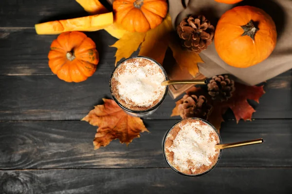 Glasses Tasty Pumpkin Latte Dark Wooden Background — Stock Photo, Image