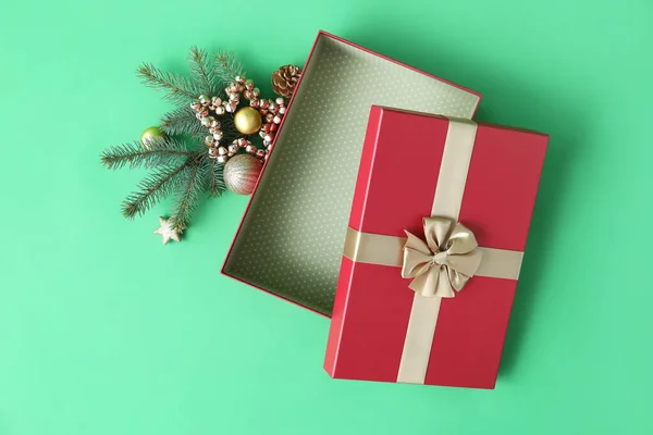 Christmas Gift Box Balls Fir Branch Green Background — Stock Photo, Image