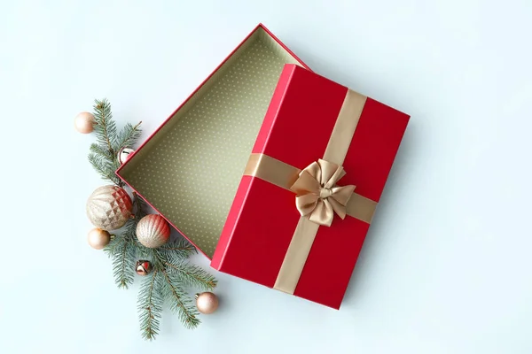 Christmas Gift Box Balls Fir Branch White Background — Stock Photo, Image