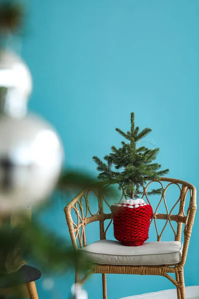 Christmas Tree Glowing Lights Armchair Color Wall — Stock Photo, Image