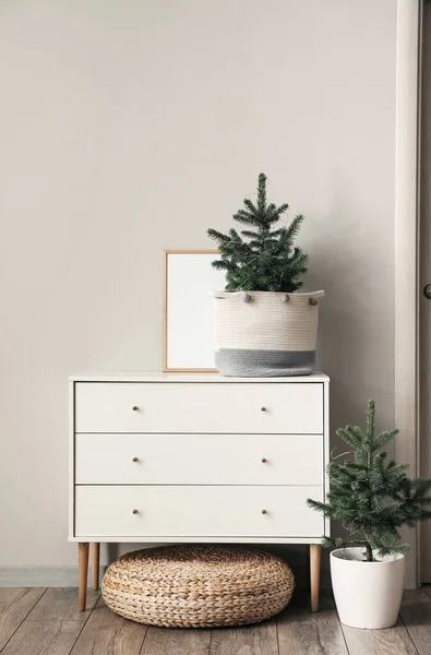 Christmas Trees Chest Drawers Blank Photo Frame Light Wall Room — Stock Photo, Image