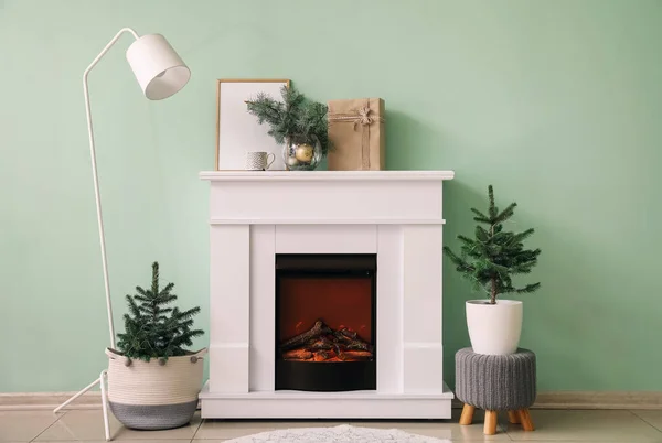 Interior Living Room Fireplace Christmas Trees Color Wall — Stock Photo, Image