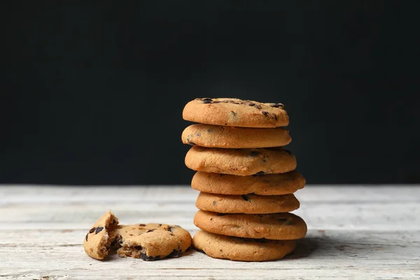 Stack Tasty Cookies Chocolate Chips Light Wooden Table — Stock Photo, Image