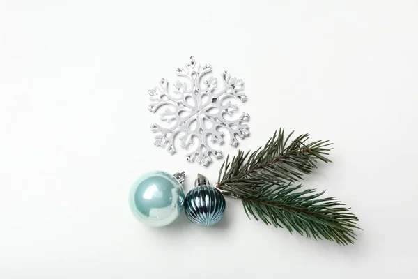 Beautiful Snowflake Fir Branches Christmas Balls White Background — Stock Photo, Image