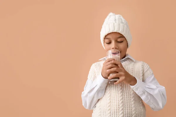 African American Boy Winter Clothes Drinking Tasty Hot Chocolate Color — Stock Photo, Image