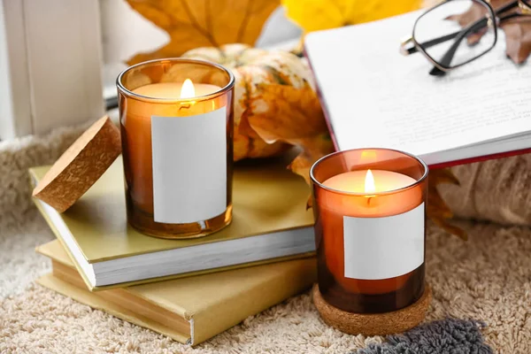 Burning Candles Holders Autumn Decor Books Windowsill Room — Stock Photo, Image