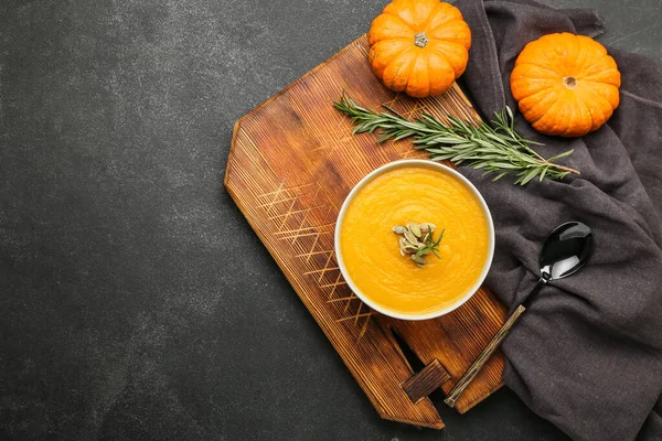 Bowl Tasty Pumpkin Cream Soup Black Background — Stock Photo, Image