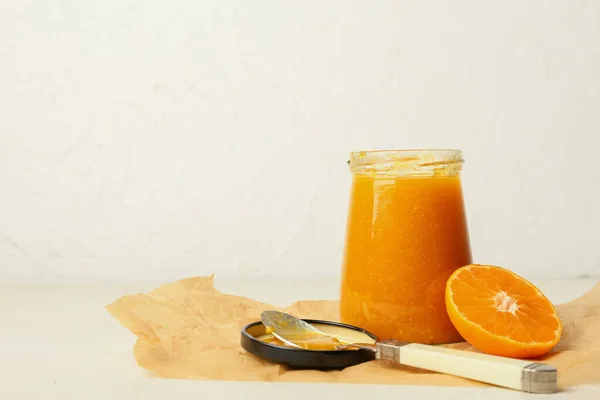 Parchment Jar Tasty Tangerine Jam Light Background — Stock Photo, Image