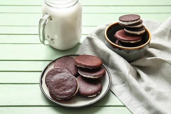 Tasty Chocolate Cookies Mason Jar Milk Color Wooden Background — Stock Photo, Image