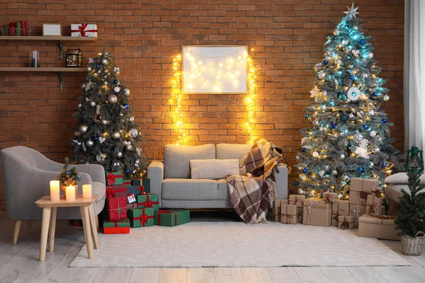 Interior Festive Living Room Christmas Trees Grey Sofa Armchair — Stock Photo, Image