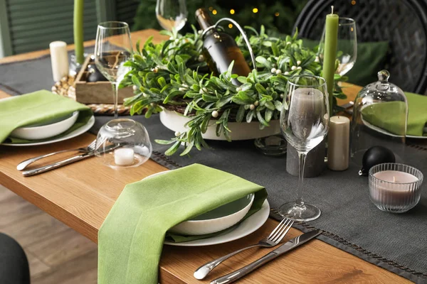 Tavolo Pranzo Con Bella Cornice Celebrazione Del Natale Chiuso — Foto Stock