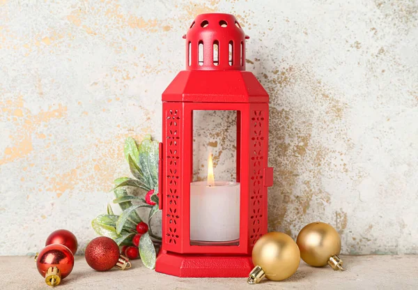 Christmas Lantern Burning Candle Balls Light Background — Stock Photo, Image