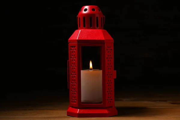 Christmas Lantern Burning Candle Black Background — Stock Photo, Image