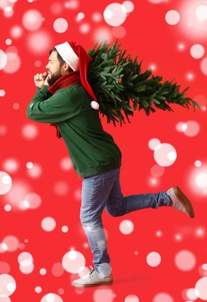 Laufender Mann Mit Weihnachtsmütze Und Weihnachtsbaum Auf Rotem Hintergrund — Stockfoto