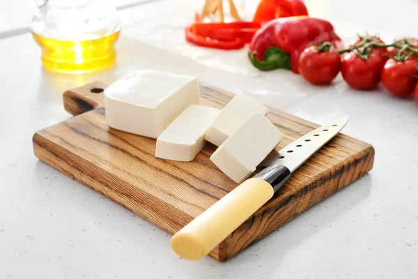 Board Cut Feta Cheese Table Kitchen — Stock Photo, Image