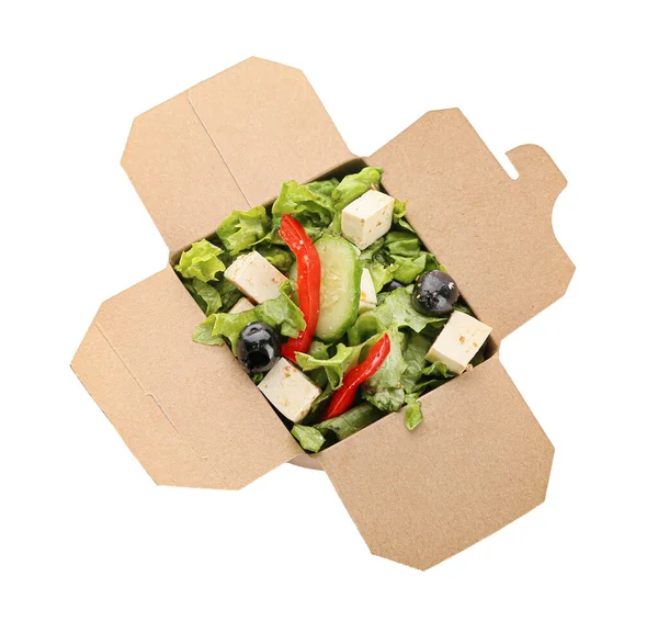 Caixa Papel Com Salada Grega Saudável Fundo Branco — Fotografia de Stock