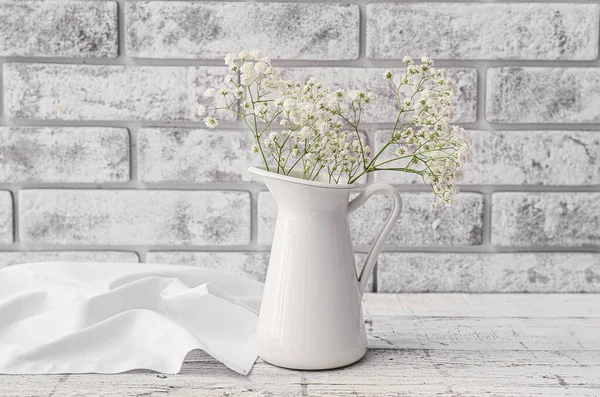 Vase Beautiful Gypsophila Flowers Table Brick Wall — Stock Photo, Image