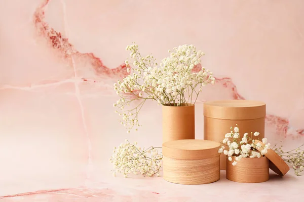 Boxes Beautiful Gypsophila Flowers Color Background — Stock Photo, Image
