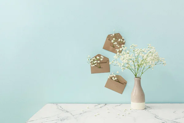 Vase Beautiful Gypsophila Flowers Envelopes Hanging Wall Room — Stock Photo, Image