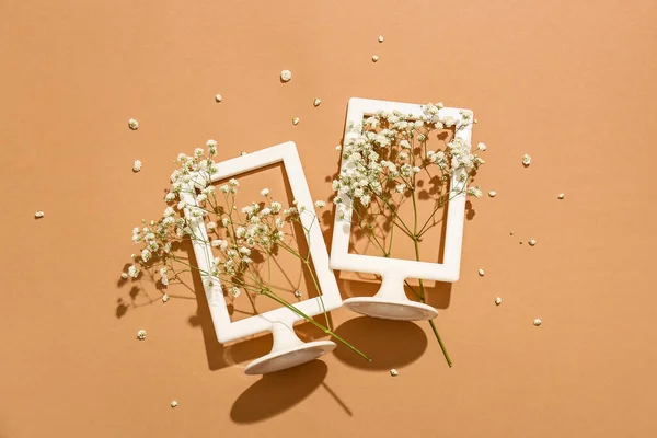 Cadres Avec Belles Fleurs Gypsophile Sur Fond Couleur — Photo