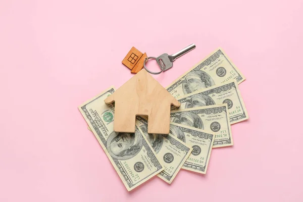 Wooden House Key Dollar Banknotes Pink Background — Stock Photo, Image