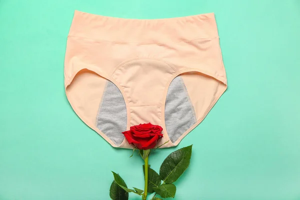 Composition Period Panties Red Rose Flower Color Background — Stock Photo, Image