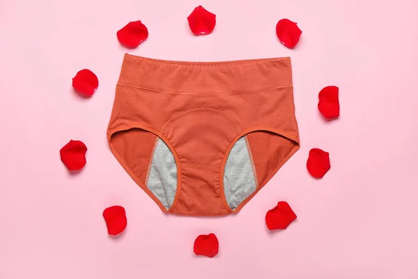 Composition Period Panties Red Rose Petals Color Background — Stock Photo, Image