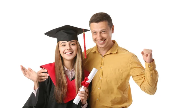 Estudante Graduação Feliz Sexo Feminino Com Seu Pai Fundo Branco — Fotografia de Stock