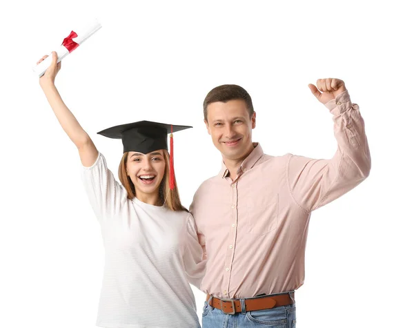 Happy Female Graduation Student Her Father White Background — Stock Photo, Image