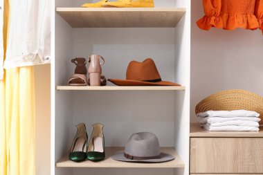 Elbise dolabında şık şapkalar ve topuklu ayakkabılar.