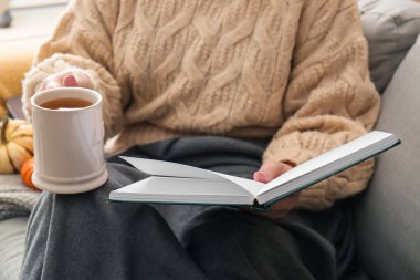 Kanepede oturan ve elinde kitap tutan kadın, yakın çekim.