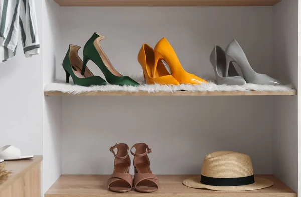 Stylish Shoes Straw Hat Shelves Wardrobe — Stock Photo, Image