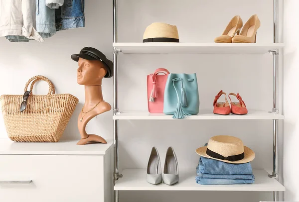 Mannequin Leather Cap Stylish Shoes Accessories Shelves Boutique — Stock Photo, Image