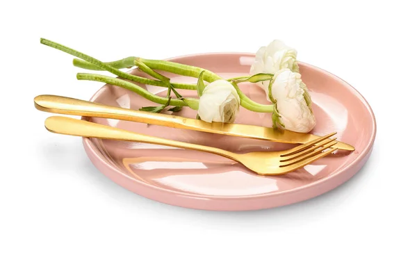 Einfache Tischdekoration Und Hahnenfußblumen Auf Weißem Hintergrund — Stockfoto