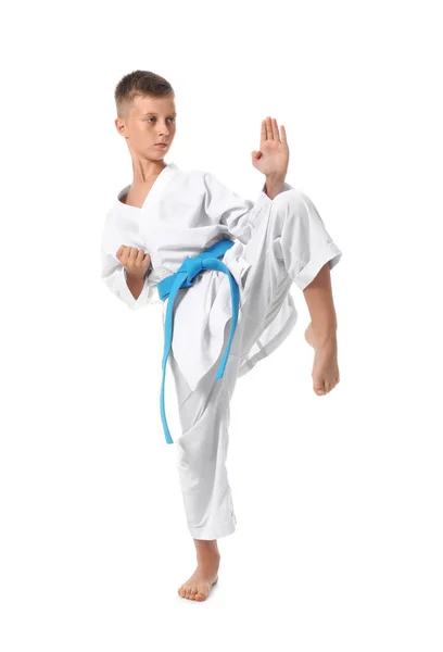 Kleiner Junge Praktiziert Karate Auf Weißem Hintergrund — Stockfoto