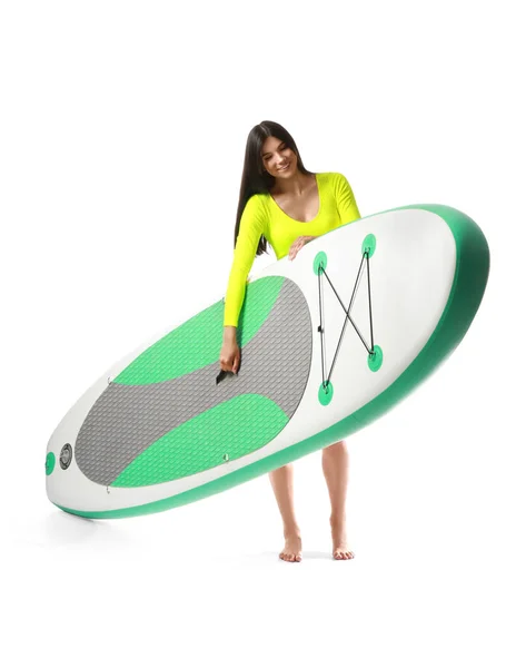Jovem Desportiva Com Placa Para Sup Surf Fundo Branco — Fotografia de Stock