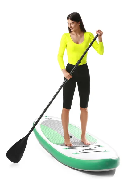 Sporty Young Woman Board Sup Surfing Oar White Background — Stock Photo, Image